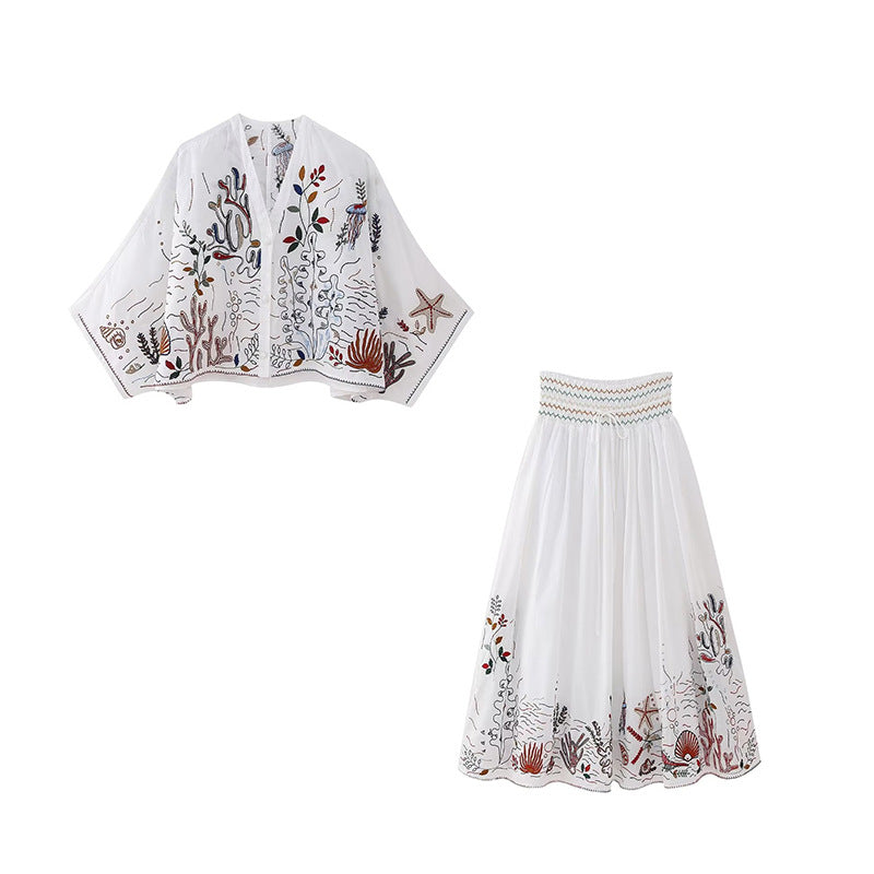 V-neck Embroidery Breasted Shirt High Waist Embroidery Skirt Suit