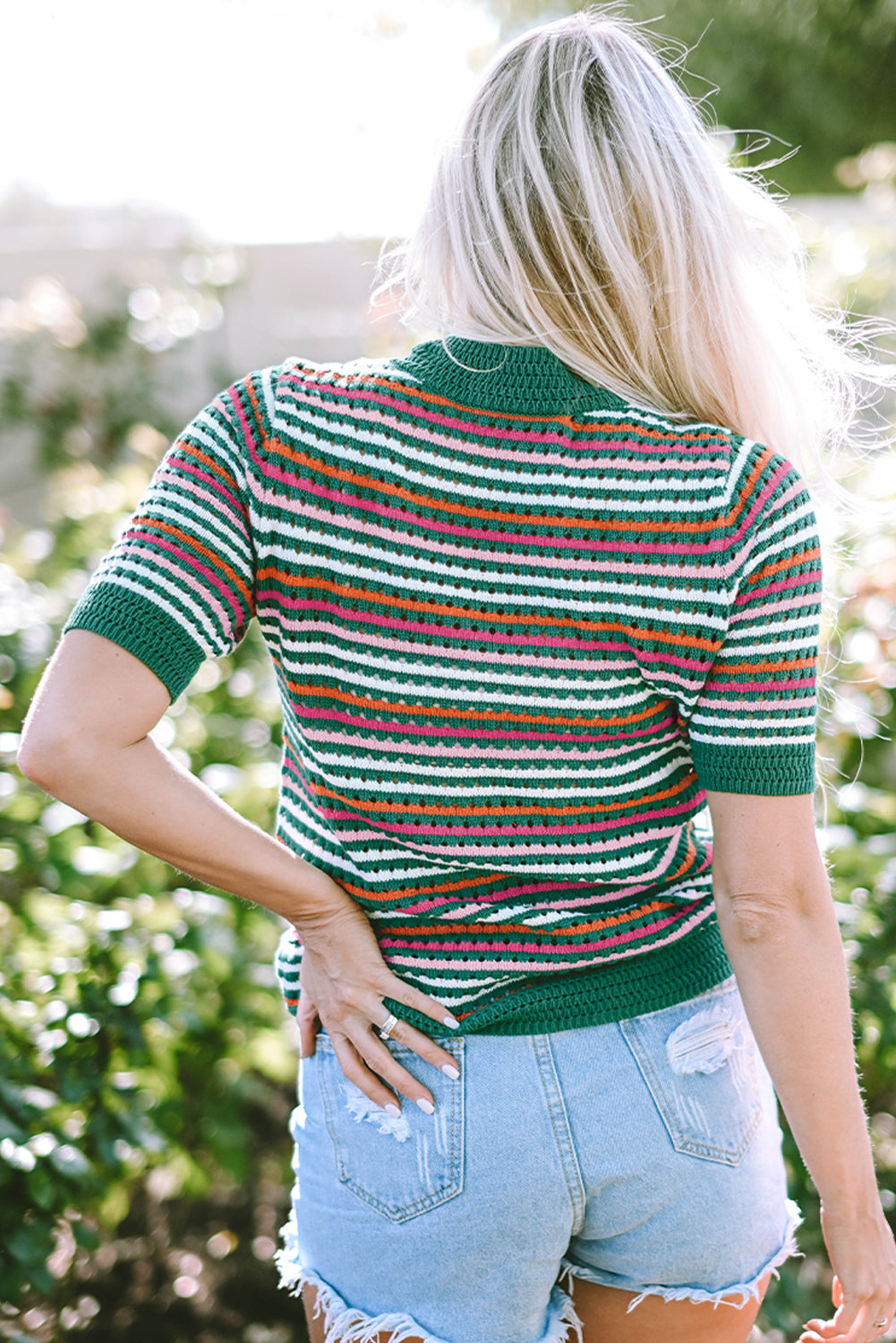 Camiseta de punto pointelle con ribete en contraste y estampado de rayas verde oscuro