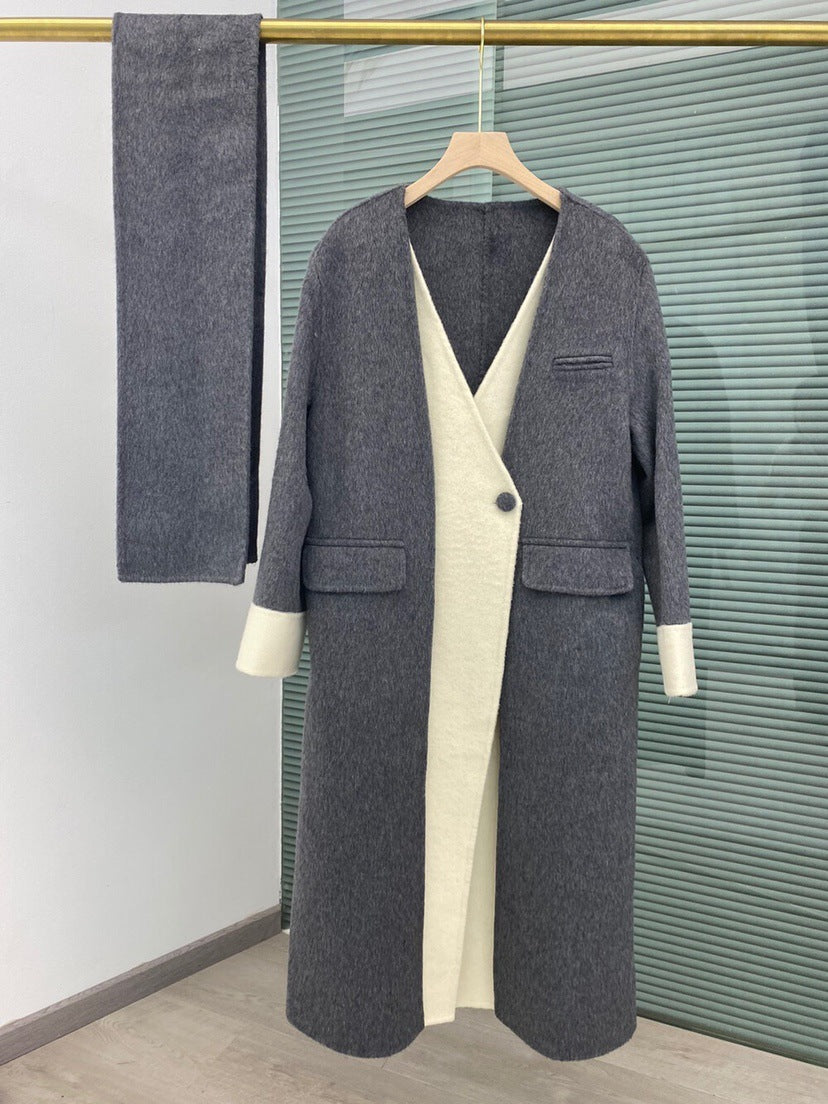 Double-sided Wool Overcoat V-neck Scarf Reversible Woolen Jacket