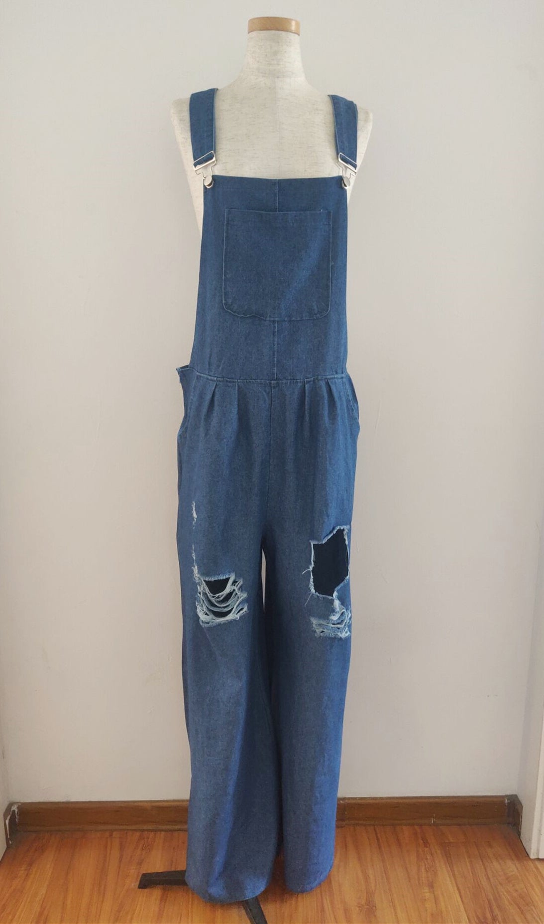 Pantalon à bretelles en denim déchiré et ample, couleur unie, décontracté, pour femmes