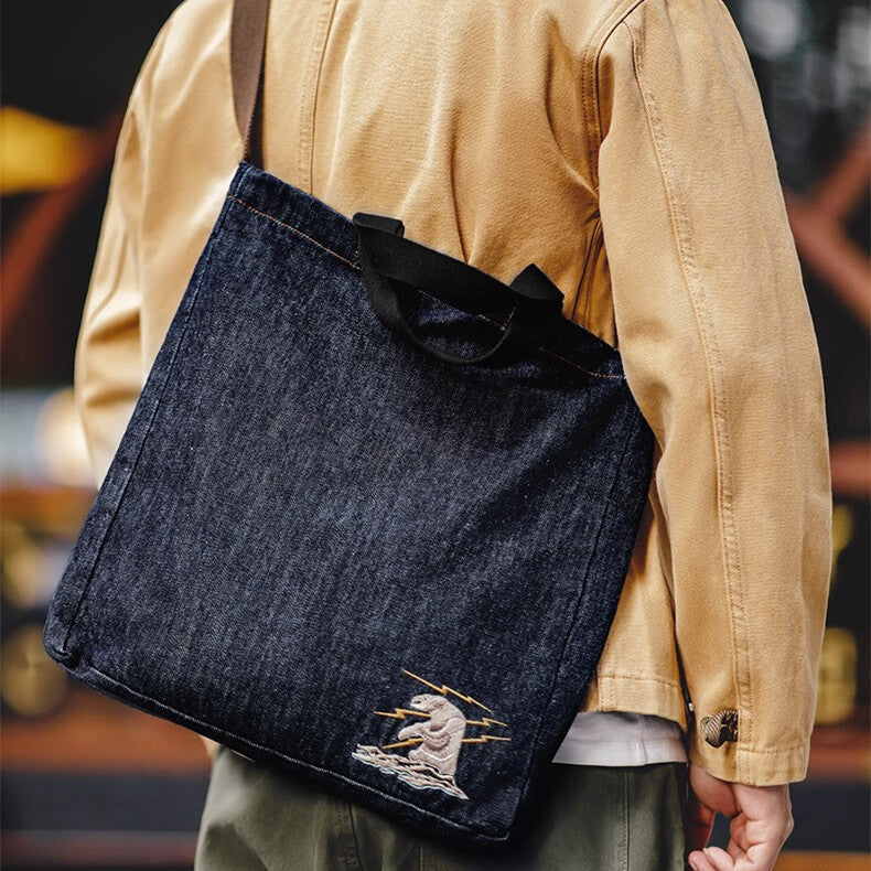 Sac à bandoulière portable de grande capacité en denim rétro américain