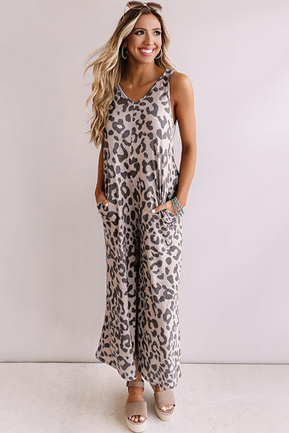 Leopard Print Pockets Wide Leg Sleeveless Jumpsuit