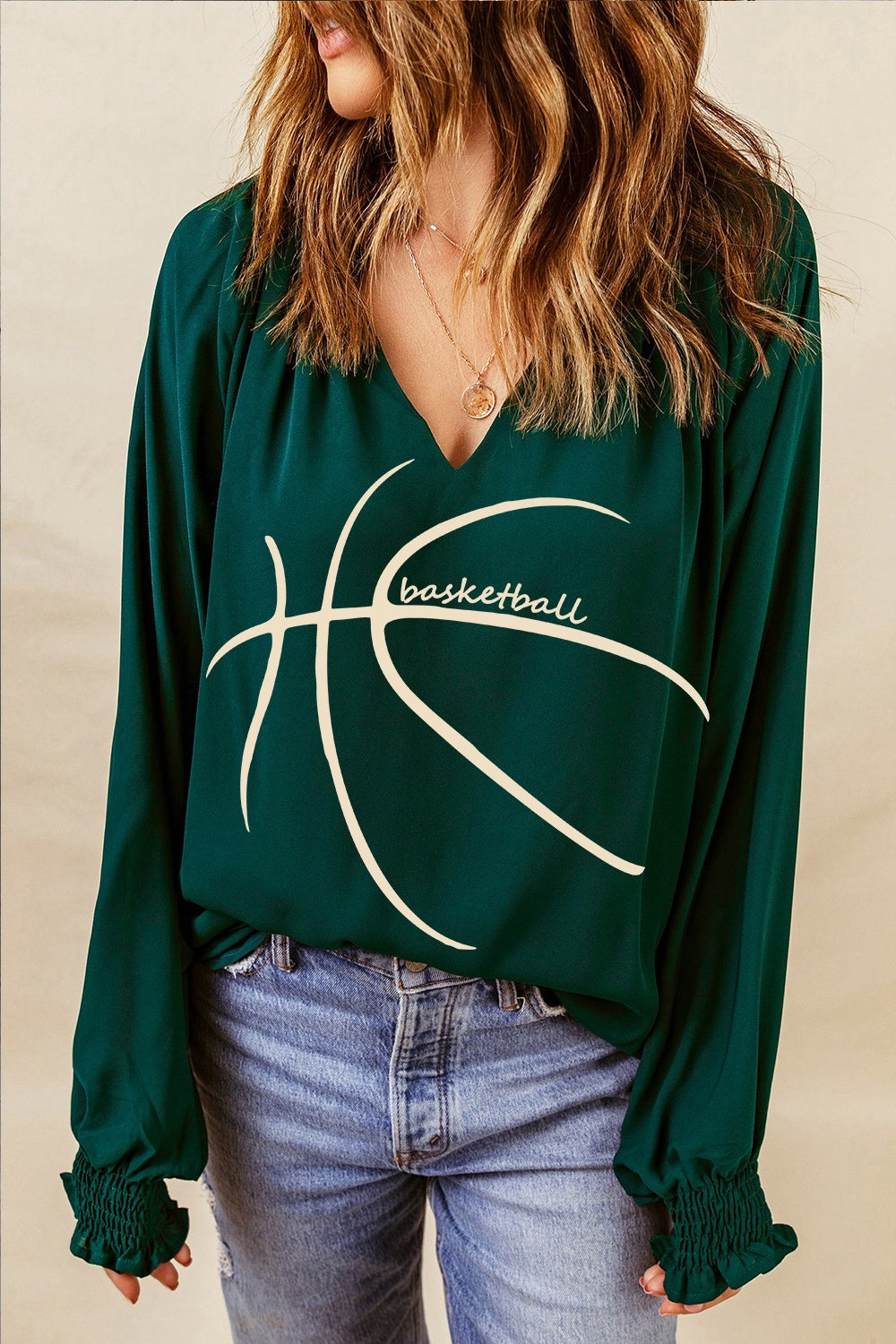 BASKETBALL Top fruncido de manga larga con cuello redondo