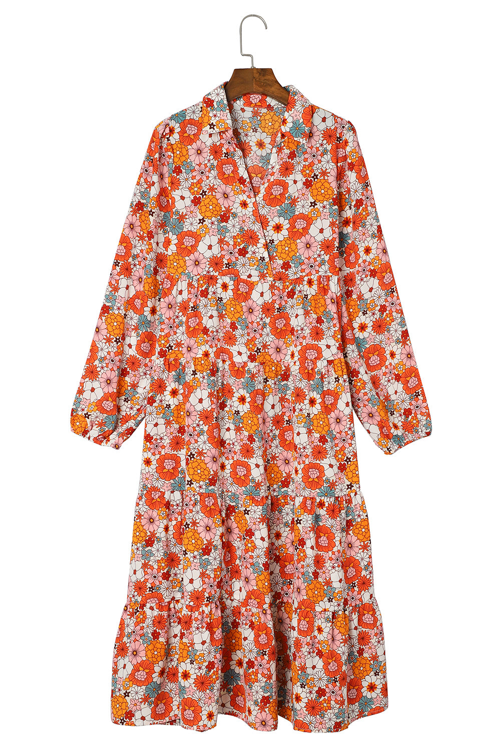 Robe bohème multicolore à col floral et manches longues à volants