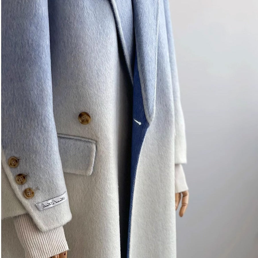 Double-faced Woolen Goods Shoulder Elegant Blue Gradient White Coat Coat