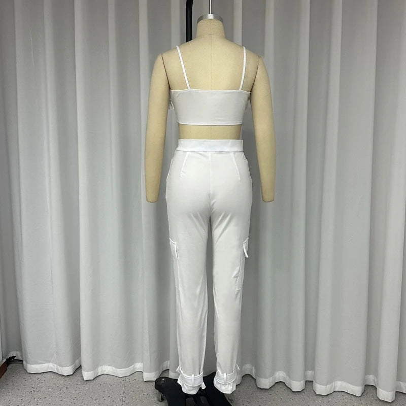 Costume pantalon taille haute à col carré pour femme, couleur unie, noué à la cheville