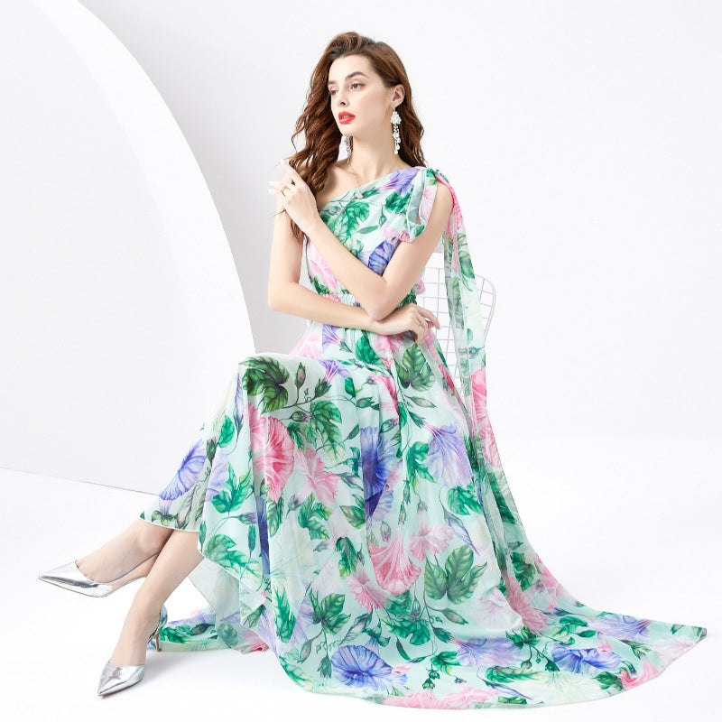 Vacation Style One-shoulder Sleeveless Ribbon Long Wide Swing Printed Dress