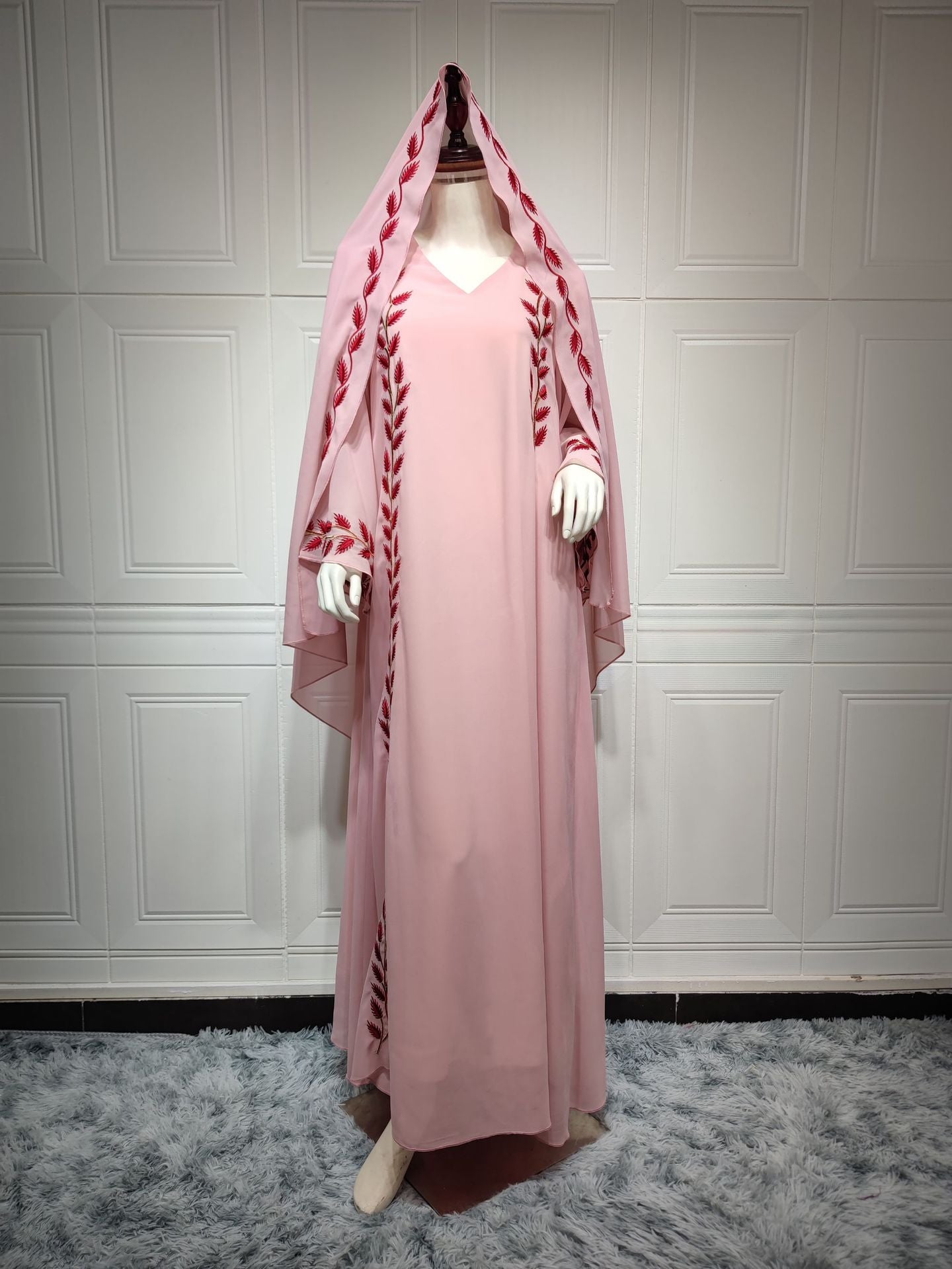 Chiffon Long Muslim Embroidered Crew Neck Dress With Headscarf