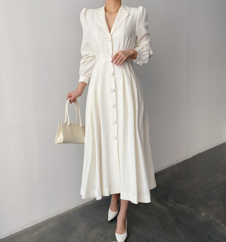 Women's Solid Color Shirt-style Long Dress