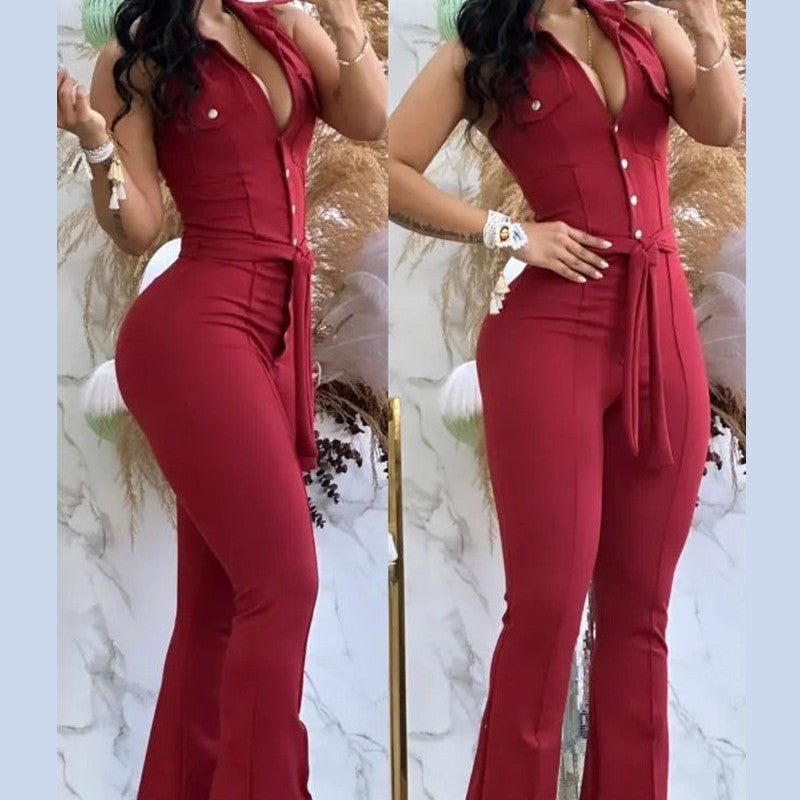 Deep V-neck Backless Tight One-piece Bell-bottom Pants