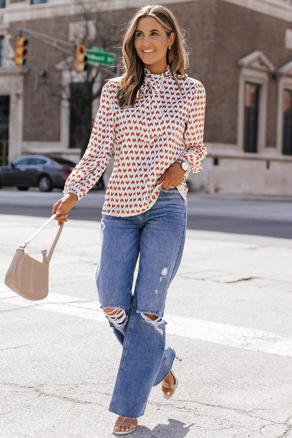 Blusa de manga larga con cuello anudado y estampado de Double Take